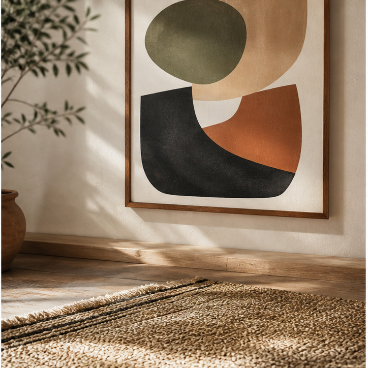 Quadro astratto caldo sopra un mobile in legno
